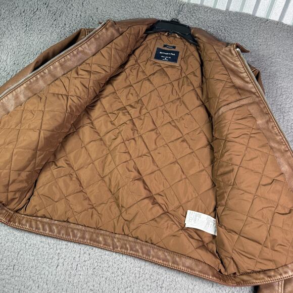 Abercrombie & Fitch Vegan Leather Zip Jacket Mens M Brown Cropped Quilted Lined - Picture 5 of 9